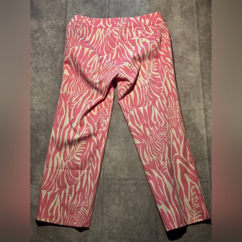 Lilly Pulitzer Palm Beach Fit Cropped Pants Pink Palm Sz 4 Gold Button Preppy - Picture 12 of 12